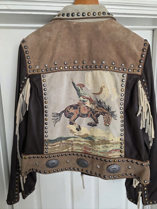 Double D Ranch Jackets & Blazers - NWOT Double D Ranch Brown Suede & Leather Western Fringe Jacket Bronco Art XL